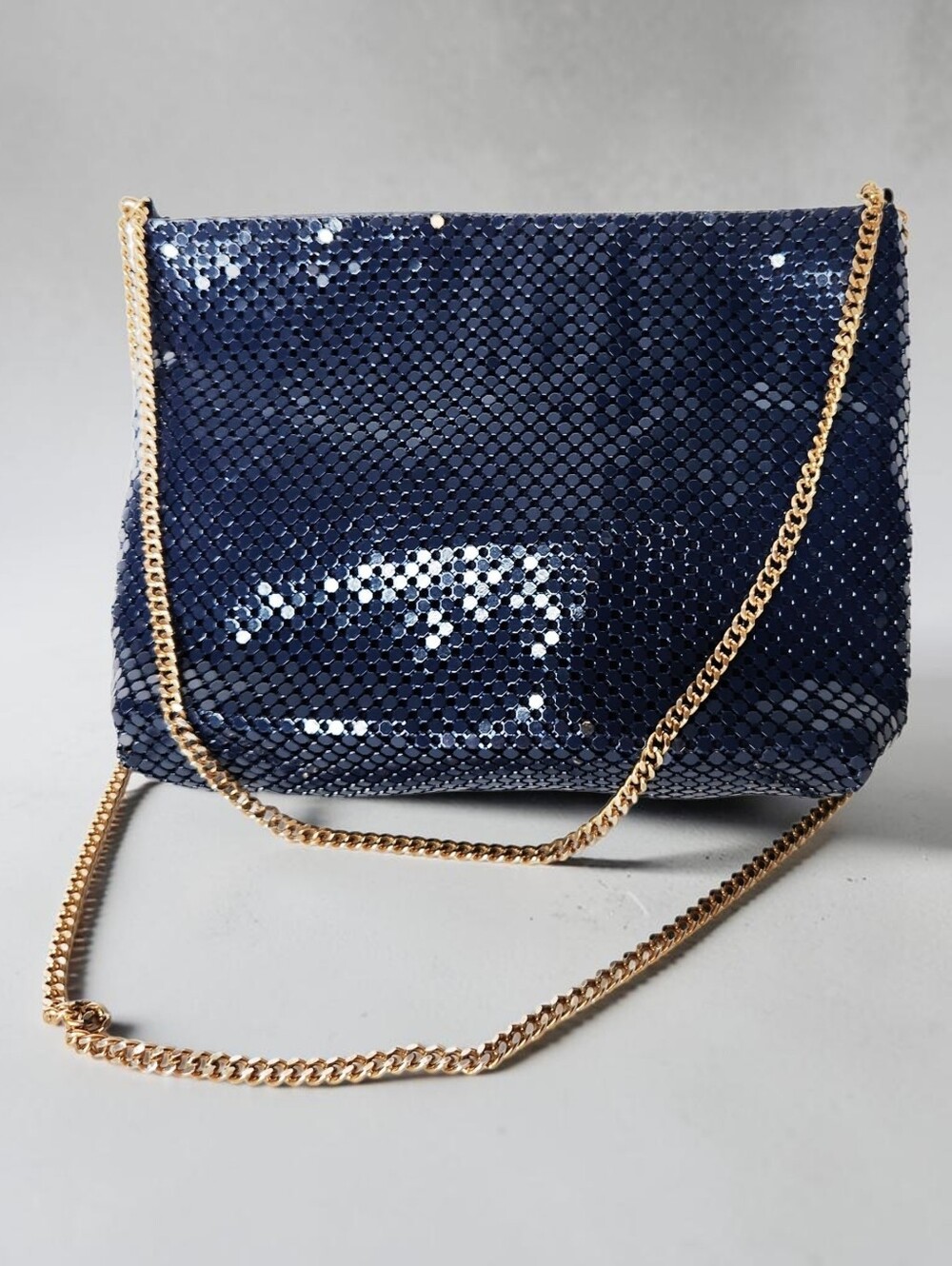 Vintage Whiting & Davis Navy Blue Metal Mesh Crossbody Bag with Chain Strap